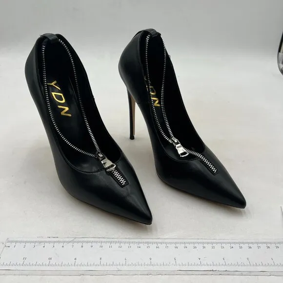 YDN Black Pointed Toe Flexible Zipper T Strap Dress Shoes Stiletto Heel Pumps