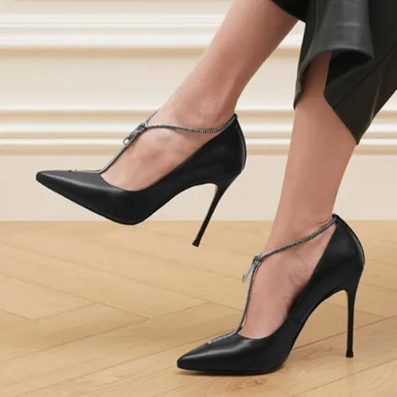 YDN Black Pointed Toe Flexible Zipper T Strap Dress Shoes Stiletto Heel Pumps