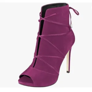 YDN Fuchsia Peep Toe Faux Suede Platform High Heels Lace Up Cutout Ankle Boot