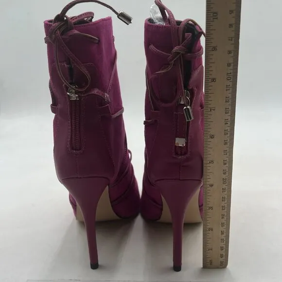 YDN Fuchsia Peep Toe Faux Suede Platform High Heels Lace Up Cutout Ankle Boot