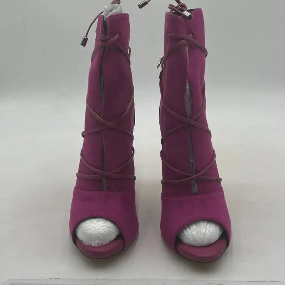 YDN Fuchsia Peep Toe Faux Suede Platform High Heels Lace Up Cutout Ankle Boot