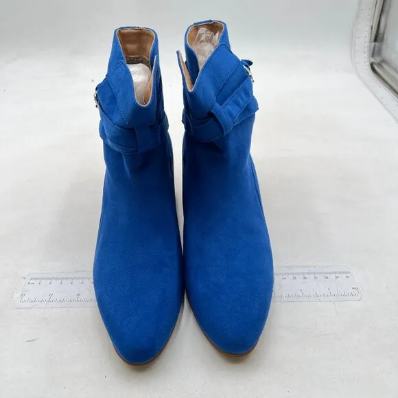 YDN Women Block Low Heel Suede Cowgirl Boots , Ankle Bootie with Buckle Blue