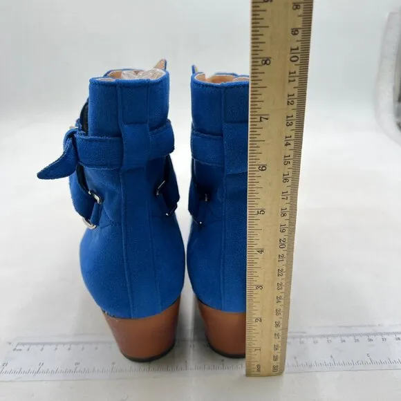 YDN Women Block Low Heel Suede Cowgirl Boots , Ankle Bootie with Buckle Blue
