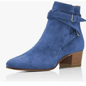 YDN Women Block Low Heel Suede Cowgirl Boots , Ankle Bootie with Buckle Blue