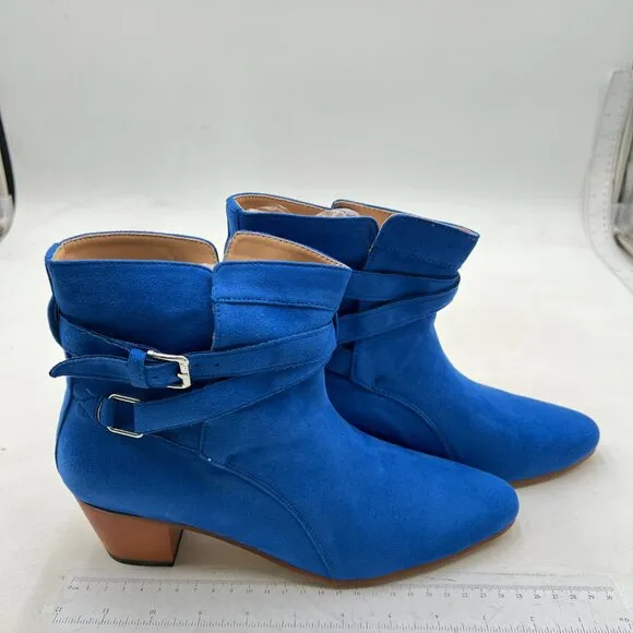 YDN Women Block Low Heel Suede Cowgirl Boots , Ankle Bootie with Buckle Blue