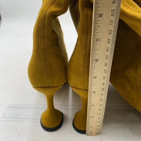 YDN Women Pointed Toe Over The Knee Boots Pull on Block High Heel Olive Shoes