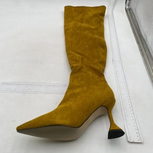 YDN Women Pointed Toe Over The Knee Boots Pull on Block High Heel Olive Shoes