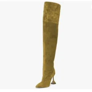 YDN Women Pointed Toe Over The Knee Boots Pull on Block High Heel Olive Shoes