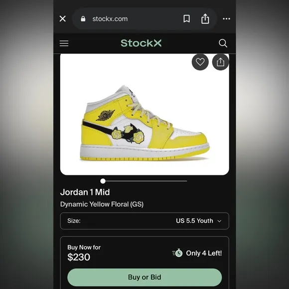 Youth Jordan 1 Mid Dynamic Yellow Floral
