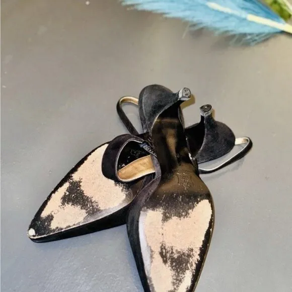 YVES SAINT LAURENT Romantic Suede Black Kitten Heel Shoes Ankle Strap YSL Sz 9