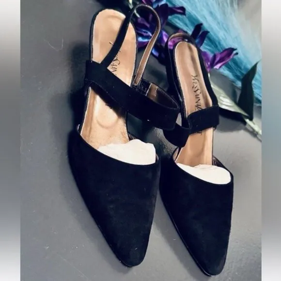 YVES SAINT LAURENT Romantic Suede Black Kitten Heel Shoes Ankle Strap YSL Sz 9