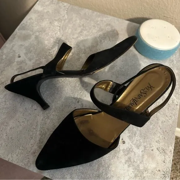 YVES SAINT LAURENT Romantic Suede Black Kitten Heel Shoes Ankle Strap YSL Sz 9