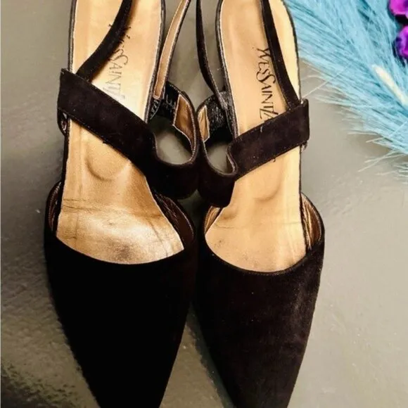 YVES SAINT LAURENT Romantic Suede Black Kitten Heel Shoes Ankle Strap YSL Sz 9