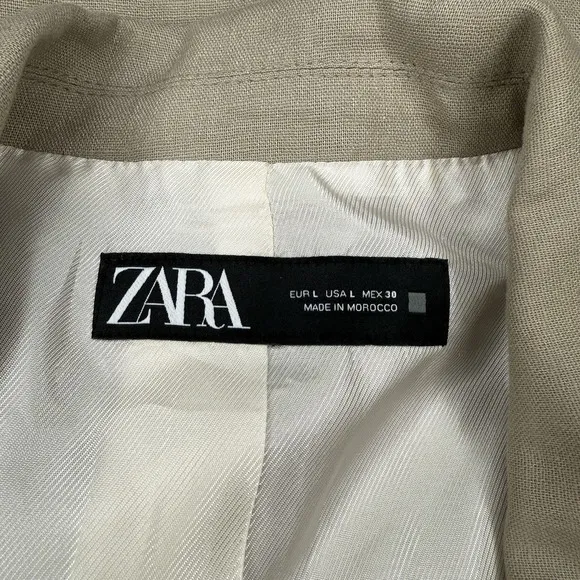 Zara Blazer L Beige Linen Flip Cuff Open Front Minimalist Lagenlook Jacket