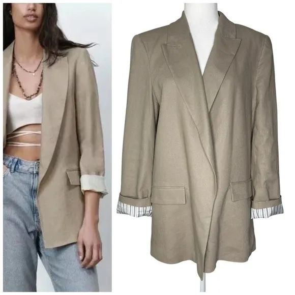 Zara Blazer L Beige Linen Flip Cuff Open Front Minimalist Lagenlook Jacket