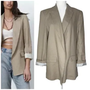 Zara Blazer L Beige Linen Flip Cuff Open Front Minimalist Lagenlook Jacket