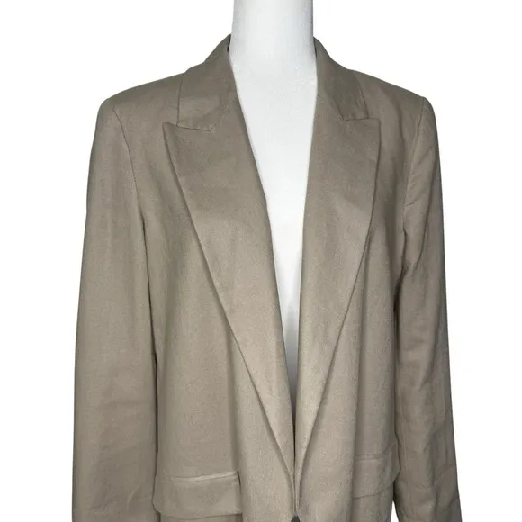 Zara Blazer L Beige Linen Flip Cuff Open Front Minimalist Lagenlook Jacket