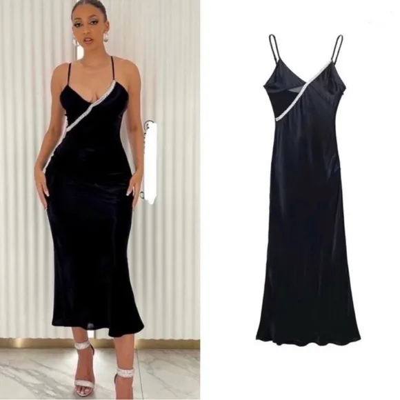 Zara Bloggers Fav Black Satin Effect Rhinestone V-Neck Midi ChristmasDress Sz M