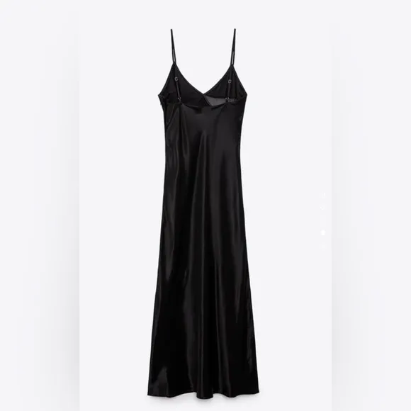 Zara Bloggers Fav Black Satin Effect Rhinestone V-Neck Midi ChristmasDress Sz M