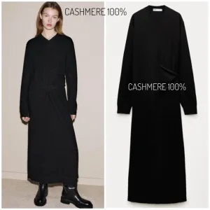 Zara CASHMERE 100% long black dress knotted,  luxury