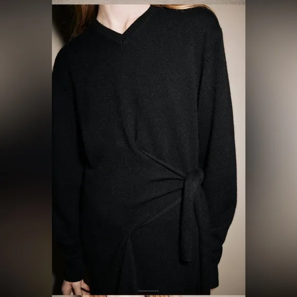 Zara CASHMERE 100% long black dress knotted,  luxury