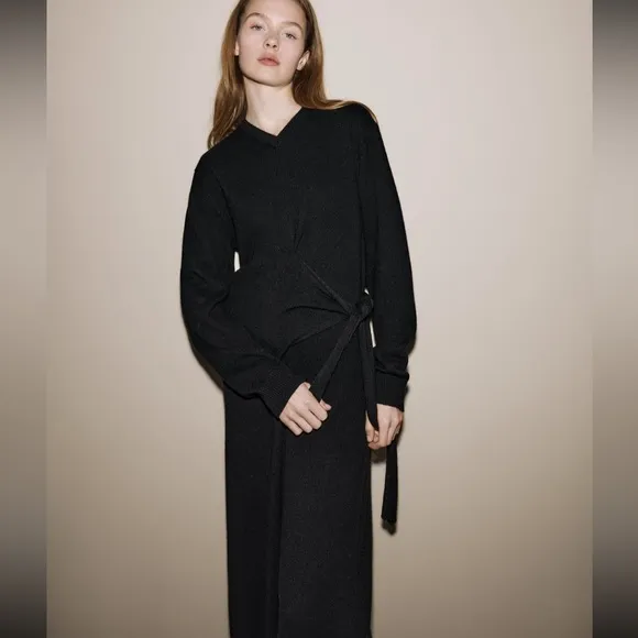 Zara CASHMERE 100% long black dress knotted,  luxury
