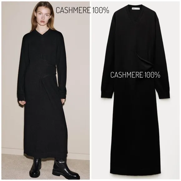 Zara CASHMERE 100% long black dress knotted,  luxury