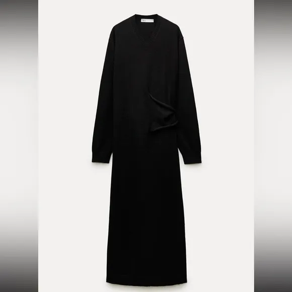 Zara CASHMERE 100% long black dress knotted,  luxury