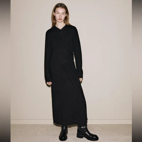 Zara CASHMERE 100% long black dress knotted,  luxury