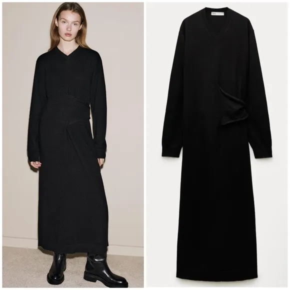 Zara CASHMERE 100% long black dress knotted,  luxury