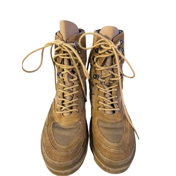 ZARA Combat Boots - Laced Split Leather Low Heel Ankle - Khaki Size 38 (US 7.5)