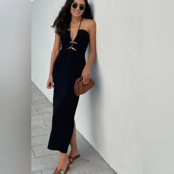 Zara Dress  bloggers favourite sundress black long open neckline xs cut out