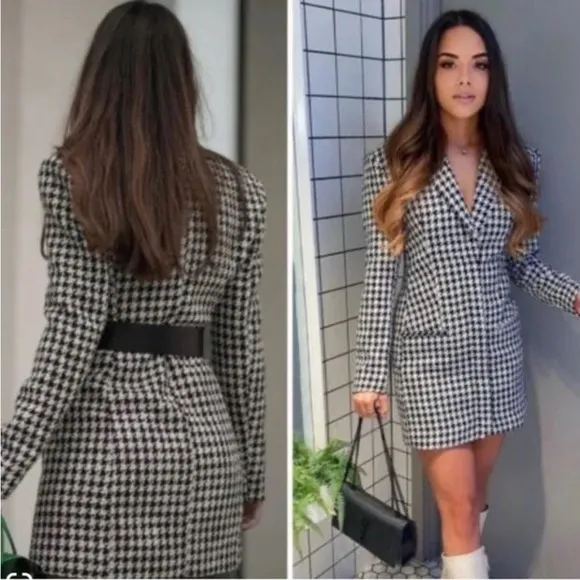 ZARA Houndstooth Tweed Boucle Mini Blazer Dress Blogger Favorite Quiet Luxury