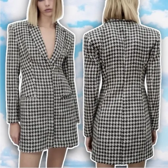 ZARA Houndstooth Tweed Boucle Mini Blazer Dress Blogger Favorite Quiet Luxury