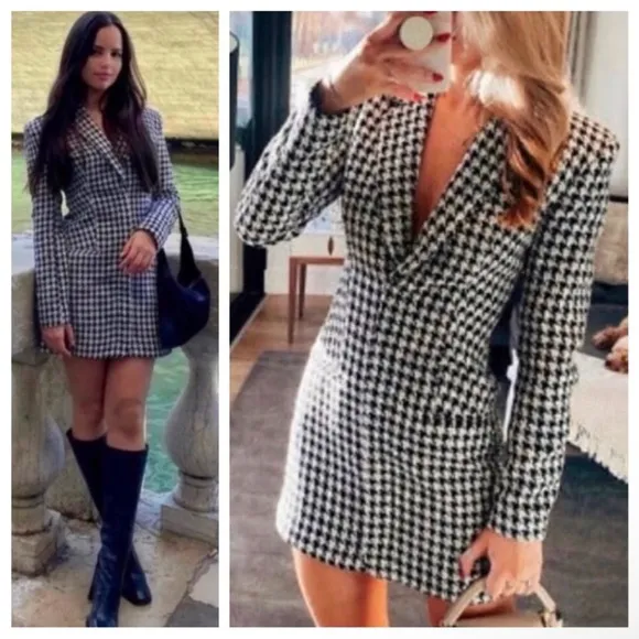 ZARA Houndstooth Tweed Boucle Mini Blazer Dress Blogger Favorite Quiet Luxury
