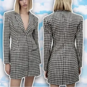 ZARA Houndstooth Tweed Boucle Mini Blazer Dress Blogger Favorite Quiet Luxury