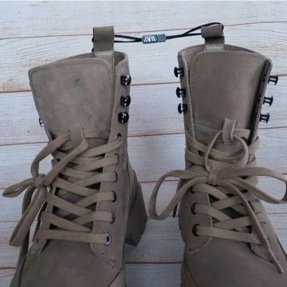 Zara Lug Sole Leather Suede Front Lace Up Ankle Boots Booties Combat Size 40