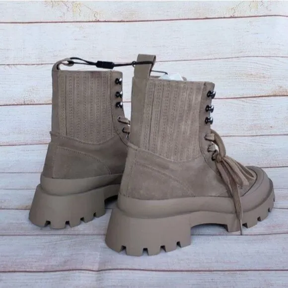 Zara Lug Sole Leather Suede Front Lace Up Ankle Boots Booties Combat Size 40