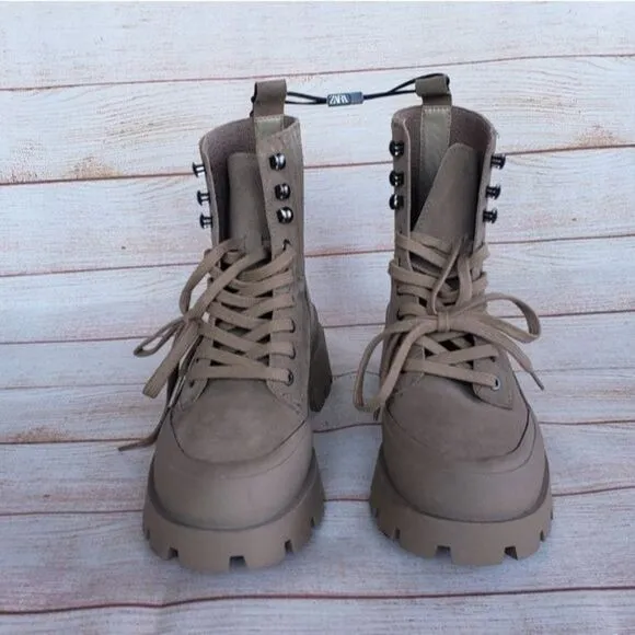 Zara Lug Sole Leather Suede Front Lace Up Ankle Boots Booties Combat Size 40