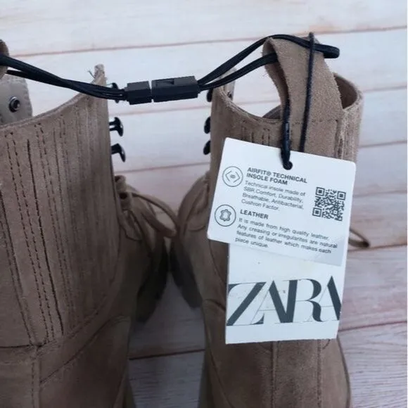 Zara Lug Sole Leather Suede Front Lace Up Ankle Boots Booties Combat Size 40