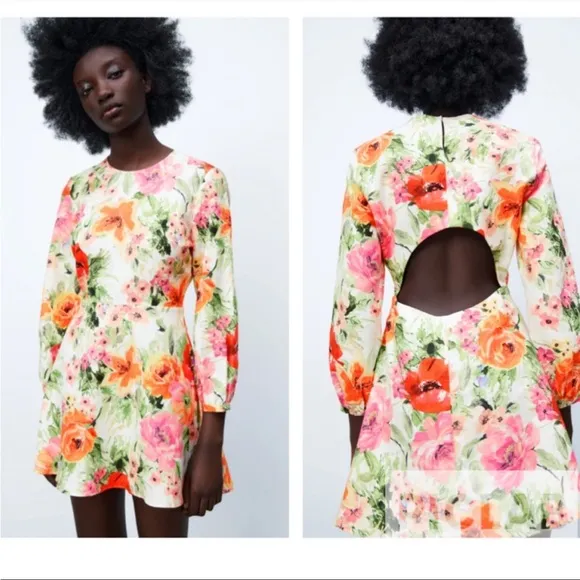 Zara Luxury Linen Naya Mini Big Floral Cut Out Back Mini Dresses NWOT