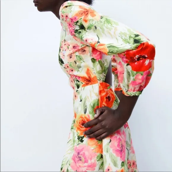 Zara Luxury Linen Naya Mini Big Floral Cut Out Back Mini Dresses NWOT