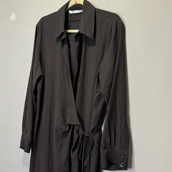 Zara Minimalist Wrap Shirt Midi Long Sleeve Dress Charcoal Black Lg 8271/422/807