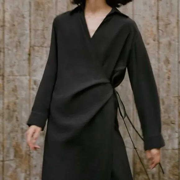 Zara Minimalist Wrap Shirt Midi Long Sleeve Dress Charcoal Black Lg 8271/422/807