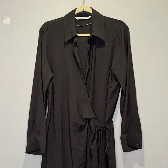Zara Minimalist Wrap Shirt Midi Long Sleeve Dress Charcoal Black Lg 8271/422/807