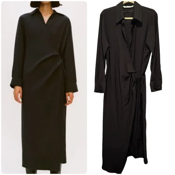 Zara Minimalist Wrap Shirt Midi Long Sleeve Dress Charcoal Black Lg 8271/422/807