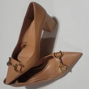 ZARA POINTY TOE BLOCKS HEELS GOLD BUCKLE WHIMSICAL TAN DRESSY GRANMA PUMPS US 10