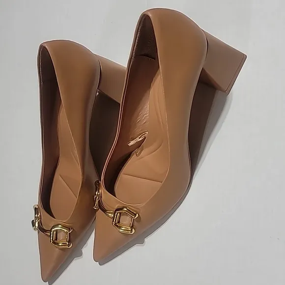 ZARA POINTY TOE BLOCKS HEELS GOLD BUCKLE WHIMSICAL TAN DRESSY GRANMA PUMPS US 10
