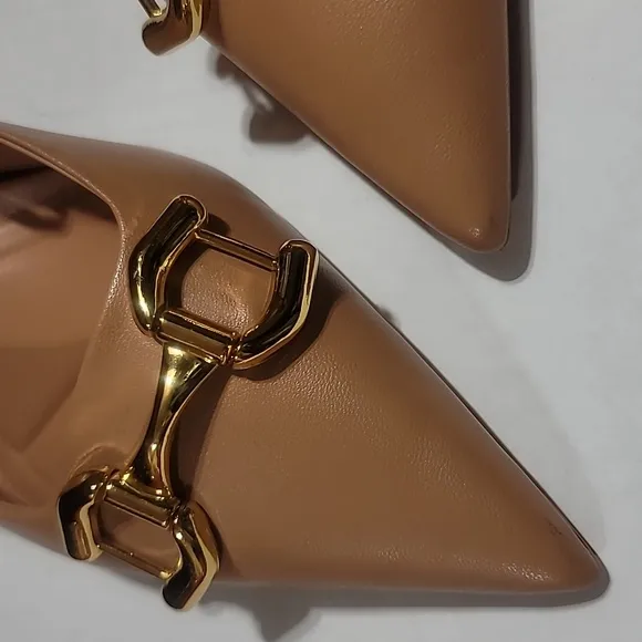 ZARA POINTY TOE BLOCKS HEELS GOLD BUCKLE WHIMSICAL TAN DRESSY GRANMA PUMPS US 10