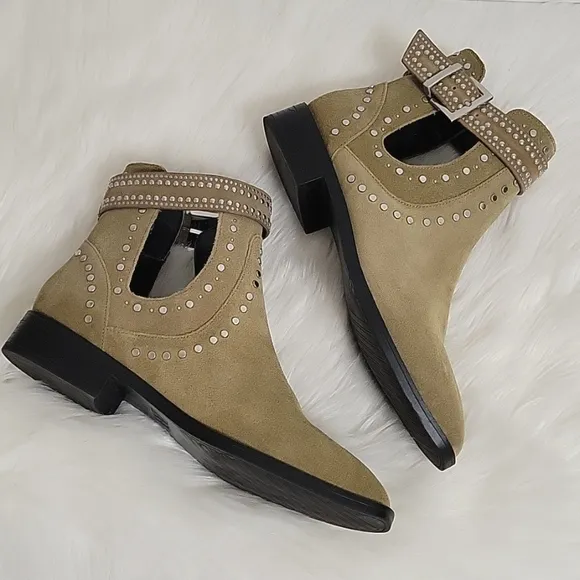 Zara studded leather suede olive green cutout ankle boots woman's size 7, NWOT